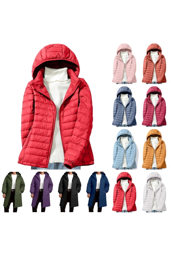 Womens Winter Long Sleeve Down Jacket Lightweight Removable Hood Puffer Coats Casual Zip Up Quilted Outwear with Pockets, Red, XXXL