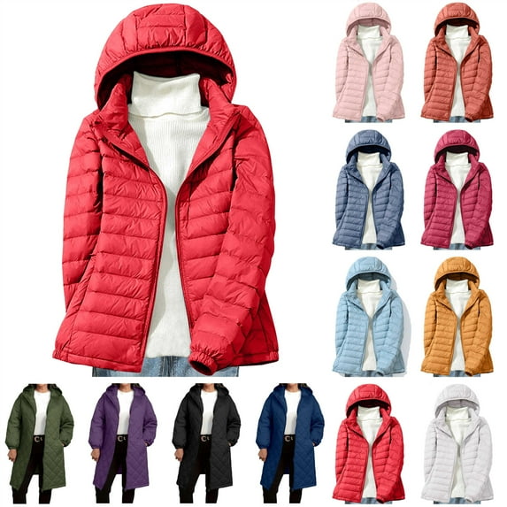 QATAINLAV Womens Winter Long Sleeve Down Jacket Lightweight Removable Hood Puffer Coats Casual Zip Up Quilted Outwear with Pockets, Watermelon Red, XXXL