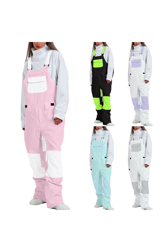 Womens Winter Onesie Ski Jumpsuit Outdoor Snowboarding Snowsuit Cute Color Block Waterproof Overall Jackets with Pockets Gray L