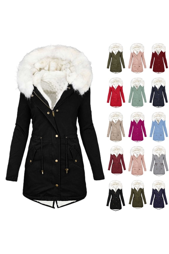 Womens Winter Warm Thicken Hooded Outwear Fleece Lined Parka Coat Long Sleeve Casual Solid Jacket with Pockets, Wine, M