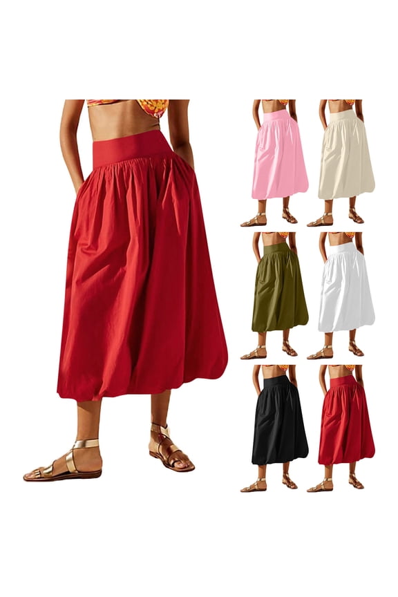 Womens Y2k Bubble Maxi Skirts Elastic Waist A Line Long Skirt Solid Casual Ruffle Pleated Midi Dress, Black, S, Birthday Gifts