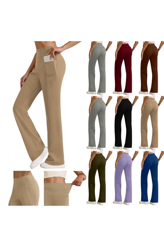 Womens Yoga Pants with Pockets High Waisted Bootcut Wide Leg Leggings Solid Casual Comfy Stretchy Work Trousers, Brown, XXL