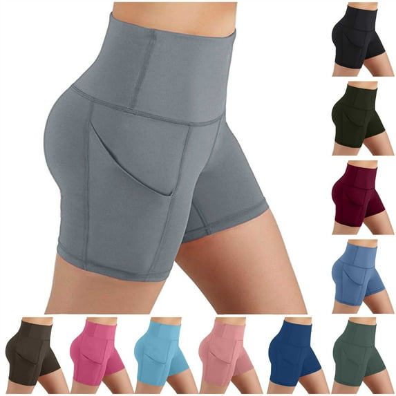 QATAINLAV Womens Yoga Short Leggings with Pockets High Waisted Hip Lifting Stretch Workout Shorts Solid Color Tummy Control Biker Shorts Brown XXL Sales Today