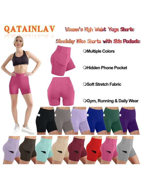 Womens Yoga Shorts with Pockets High Waisted Hide Tummy Biker Shorts Running Work Gym Tight Athletic Leggings Gray S