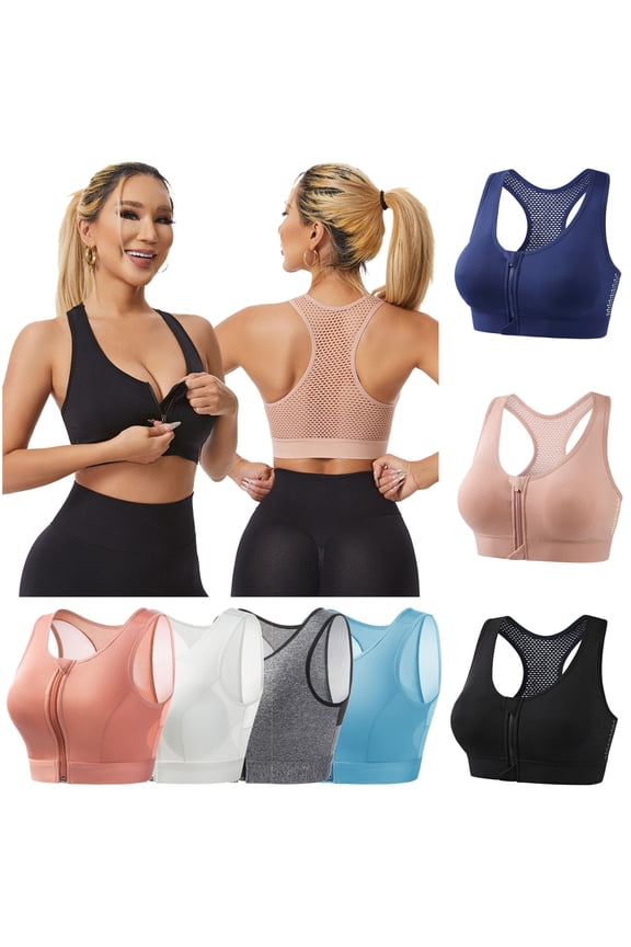 Womens Zip Front Sports Bra Wireless Post-Surgery Bra Active Yoga High Impact Workout Fitness Running Bras Blue S
