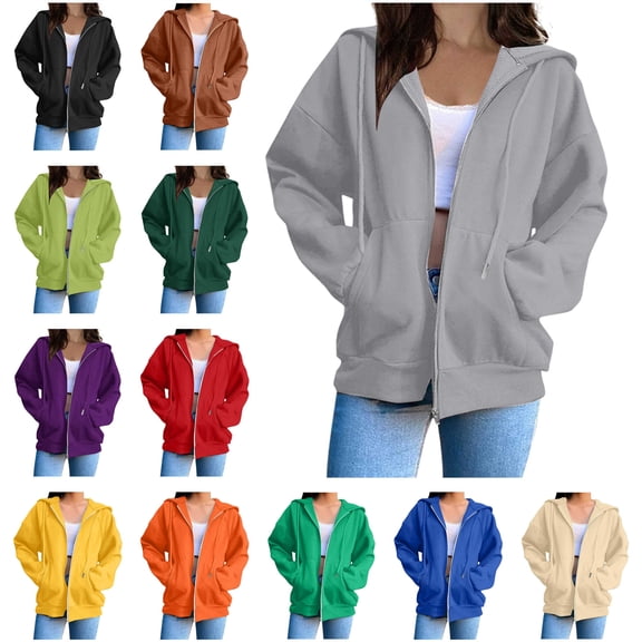 QATAINLAV Womens Zip Up Hoodie Fall Fashion Long Sleeve Y2k Hooded Sweatshirts Solid Casual Loose Fit Workout Jacket with Pockets, Dark Gray, XXXL