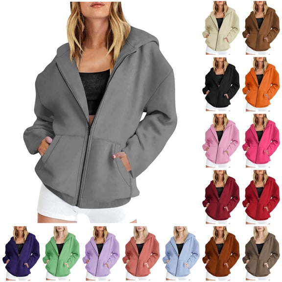 QATAINLAV Womens Zip Up Hoodies Long Sleeve Oversized Solid Fleece Jacket Fall Fashion Hooded Sweatshirts Coats with Pockets, Light Blue, L