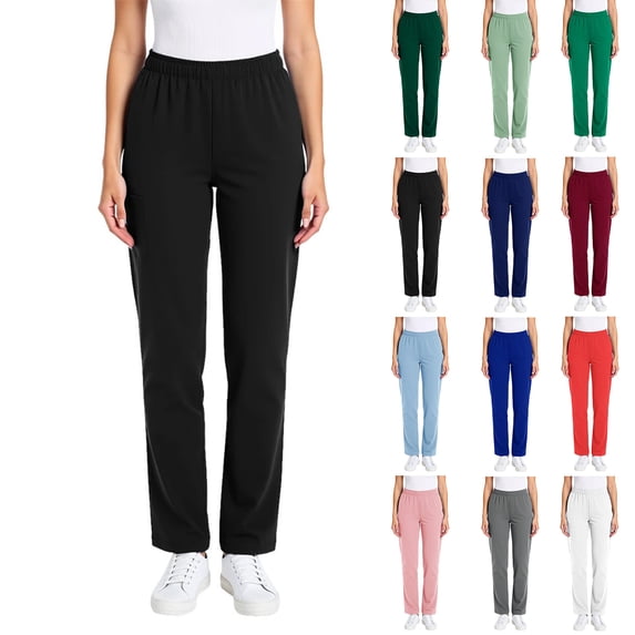 QATAINLAV Work Uniforms for Women Casual Elastic Waist Jogger Scrubs Pants Solid Straight Leg Pull-on Cargo Trousers, Green, S
