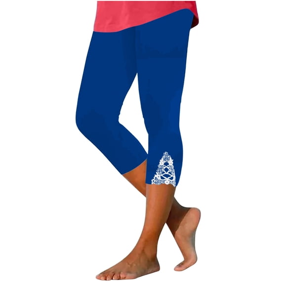 QATAINLAV Workout Leggings for Women Tummy Control Yoga Capri Leggings Summer Lace Patchwork Bottom Pants 2024 Solid Color High Waisted Cropped Legging Mono de Verano Para Mujer Blue 3XL