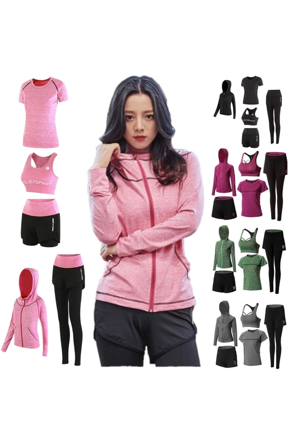 Workout Sets for Women 5 Piece Yoga Exercise Gym Outfits Sport Running Athletic Clothing Set Tracksuits Activewear Pink XL