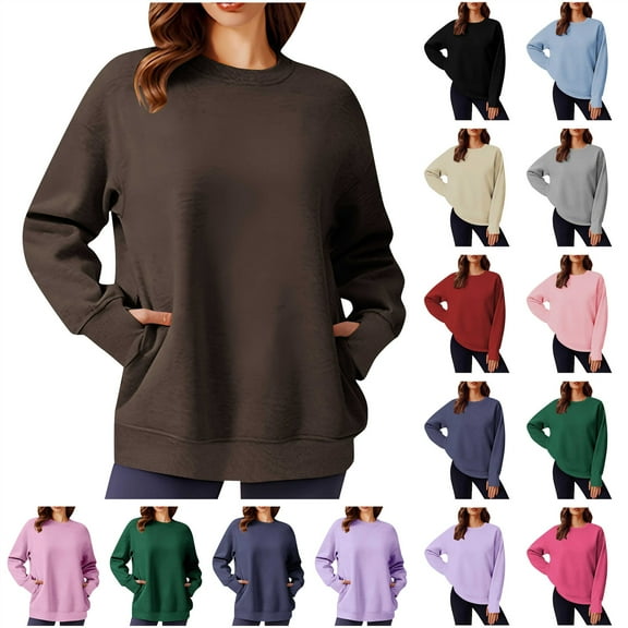 QATAINLAV Workout Tops for Women with Thumb Holes Casual Long Sleeve Sweatshirt Solid Color Crew Neck Loose Pullover Tunic T-Shirts, Navy, XL, Birthday Gifts