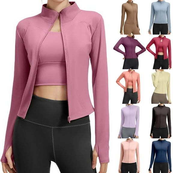 QATAINLAV Workout Tops for Women Cropped Slim Fit Full Zip Jacket Running Athletic Long Sleeve Shirts with Thumb Holes, Coffee, M