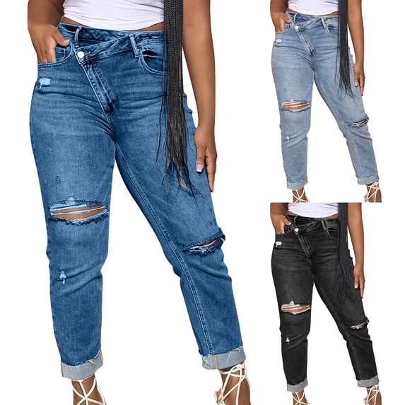 QATAINLAV Y2K Jeans for Women Distressed Ripped Frayed Denim Pants Casual Cross Asymmetrical Waist Jean Pants Slim Fit Trousers with Pockets Black L