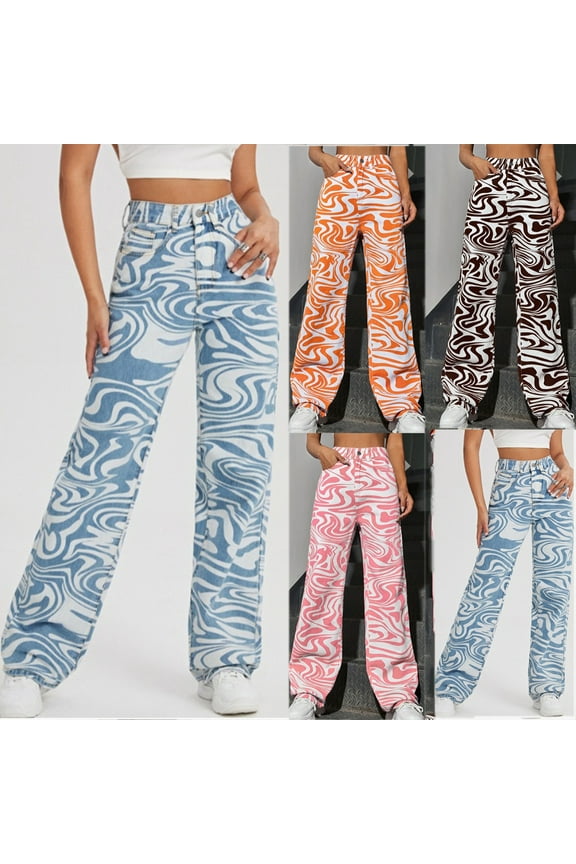 Y2K Straight Leg Jeans for Women Casual High Waisted Denim Pants Vintage Graphic Printed Jean Trousers with Pockets Sky Blue S Best Sales Today