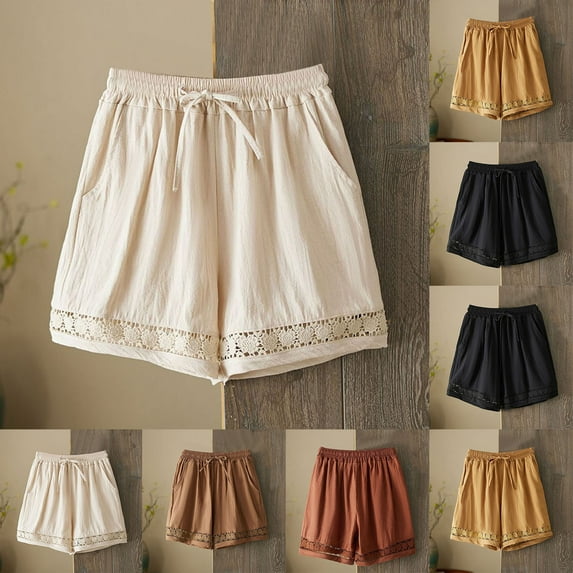QATAINLAV Yellow Linen Shorts for Women Drawstring High Waisted Wide Leg Shorts Cute Lace Trim Short Beach Pants Casual Summer Vacation Clothes L