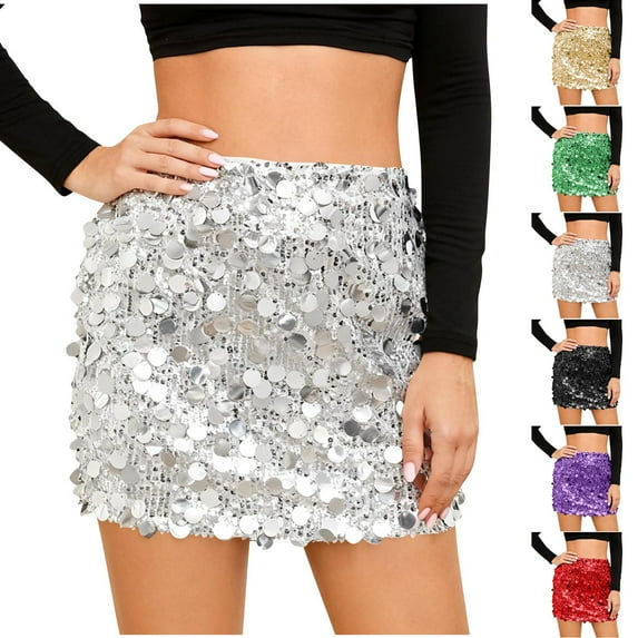 QATAINLAV Yellow Womens Sequin Sparkly Bodycon Mini Skirts High Waist Party Night Out Clothes Glitter Belly Dance Skirts