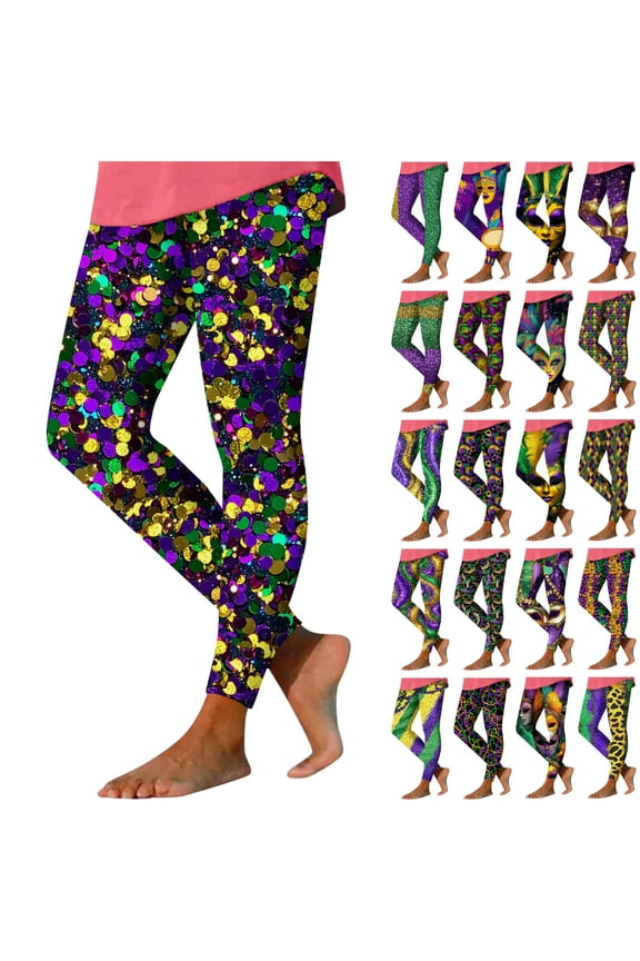Mardi Gras Outfit for Women,Casual High Waisted Workout Leggings Milk Silk Soft Sport Elastic Yoga Pants Carnival Theme Printed Tights Multicolor M