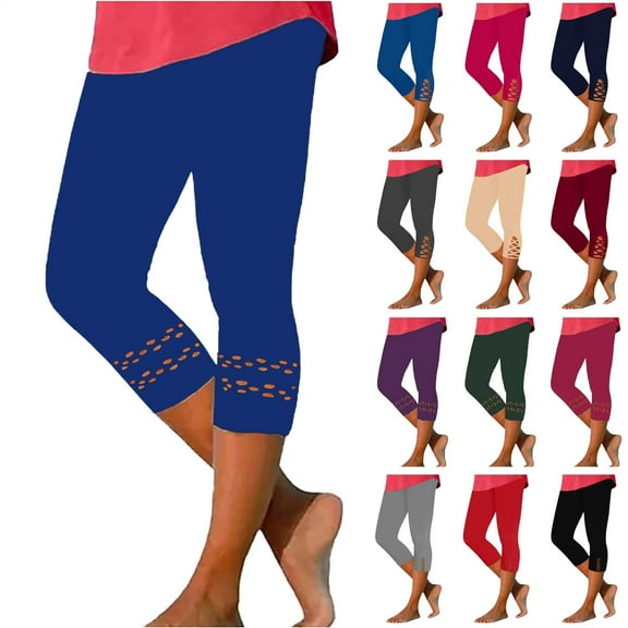 QATAINLAV Yoga Leggings for Women Solid Casual High Waist Capri Pants Comfy Stretchy Workout Compression Capris Lace Trim Cropped Leggings Blue XXL Ofertas Flash Del Dia