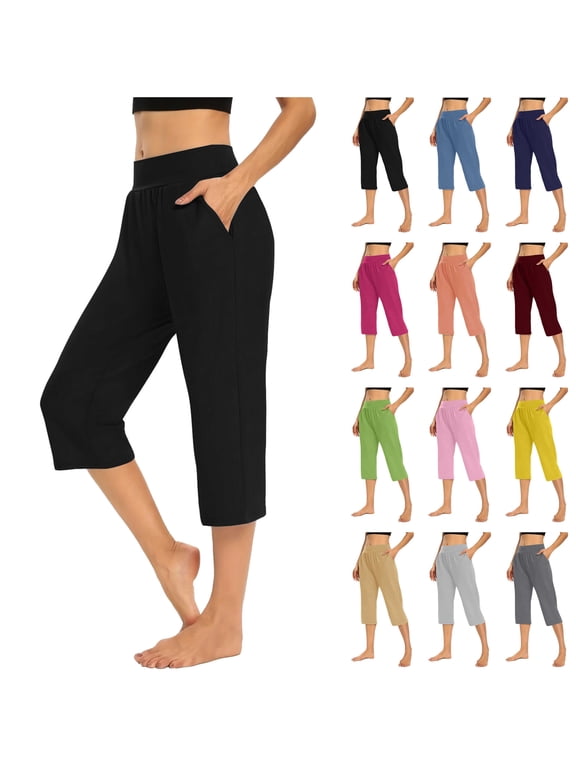 Yoga Pants for Women Casual Elastic Waist Cropped Pants Solid Color Crop Trousers Summer Capri Pants with Pockets Back to School Clothes Limited Time Sale Mint Green M
