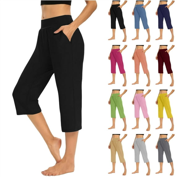 QATAINLAV Yoga Pants for Women Casual Elastic Waist Cropped Pants Solid Color Crop Trousers Summer Capri Pants with Pockets Back to School Clothes My Orders Placed By Me Khaki 3XL