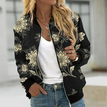 QATAINLAV Zip Up Jacket for Women 2024 Trendy Casual Bomber Jacket Floral Print Baseball Jacket Lightweight Moto Biker Jacket with Ribbed Cuffs and Pockets Cyber and Monday Deals Black XL