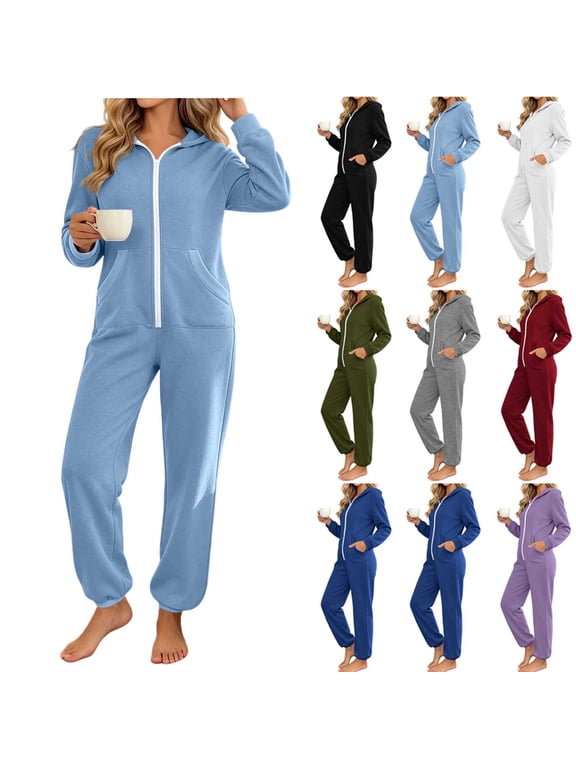 Zip Up Hooded Jumpsuit for Woman Long Sleeve One Piece Loungewear Casual Elastic Cuffs Jogger Onesies with Pocket Army Green XL