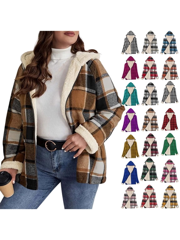 Zip up Plaid Jackets for Women Fleece Lined Warm Winter Hoodies Long Sleeve Casual Hooded Shacket Blue S