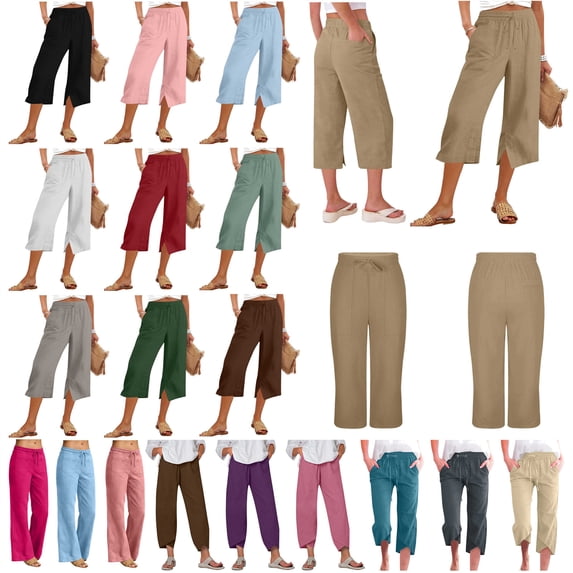 QATAINLAV Capri Pants for Women Summer Lightweight Cotton Linen Cropped Trouser Drawstring Side Slits Wide Leg Capris Black XL
