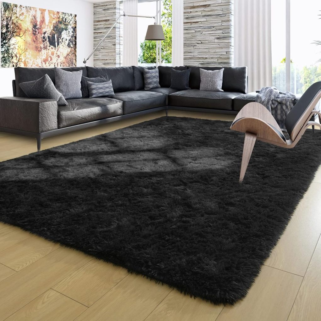 Full Wall Rug QATZ Black 8x10 Feet Large Area Rugs Fluffy Living Room Carpet, Wall to ...