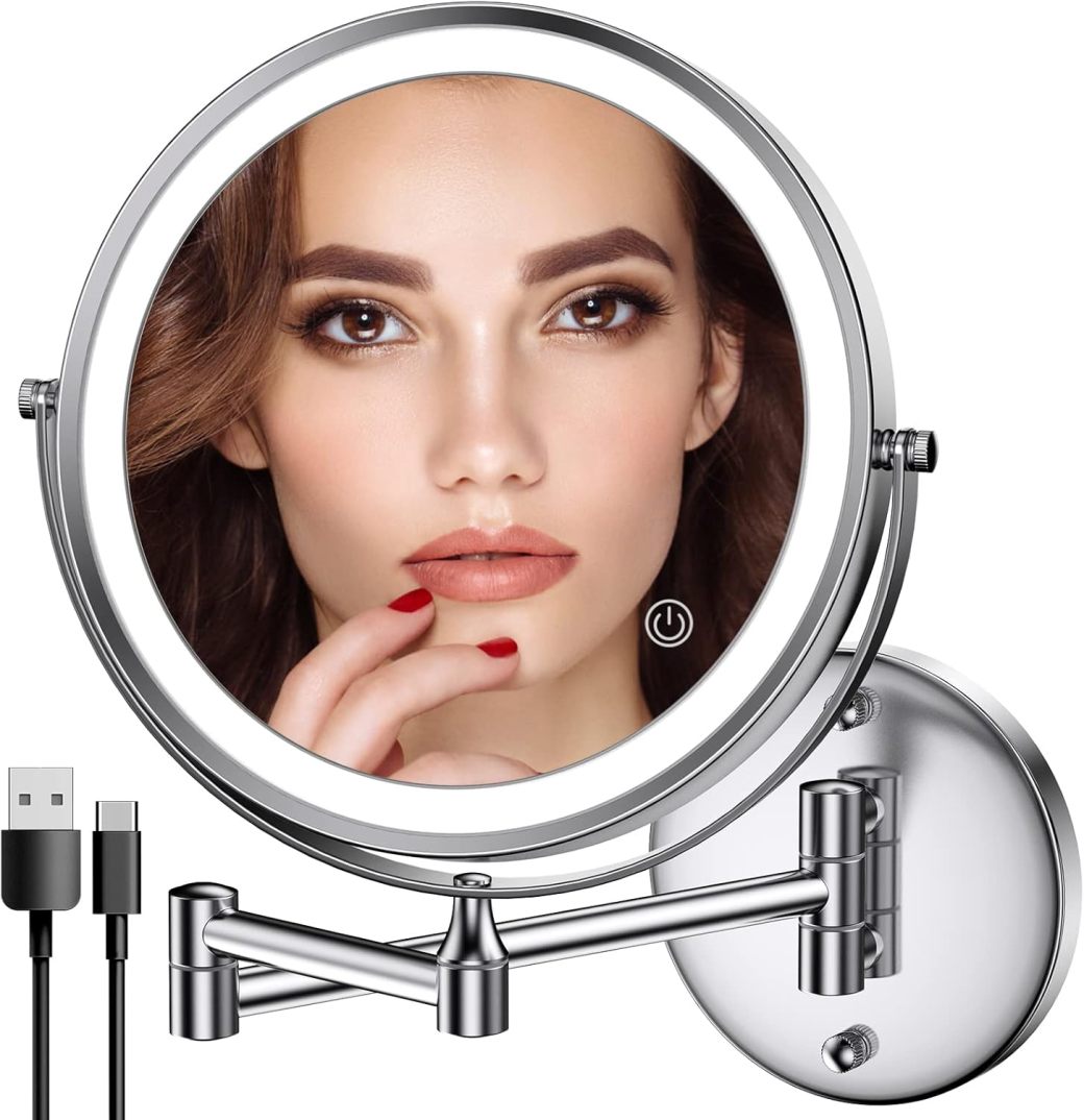 QATZ Rechargeable Wall Mounted Lighted Makeup Mirror Chrome, 8 Inch ...
