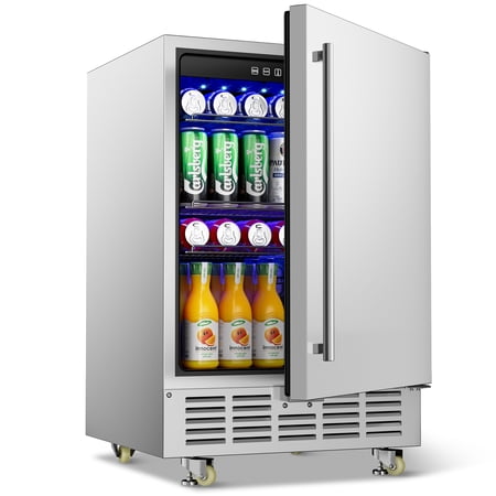 QAUSOU 24 Inch Outdoor Beverage Refrigerator, Stainless Steel Outdoor Beverage Fridge, Built-in & Freestanding, with Safety Lock/Whee