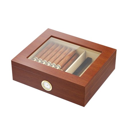 QAUSOU Cigar Humidors Box Spanish Cedar Handmade Cigar Box Glass Top Humidor Digital Hygrometer Hold 20-30 Cigars