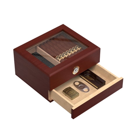 QAUSOU Handmade Cigar Humidor, Cedar Cigar Desktop Box with Humidifier and Hygrometer, 30-50 Cigars