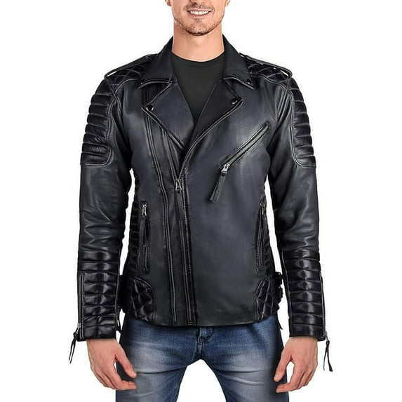 QAWACH Black Color Pure Lambskin Leather Winter Vintage Motorcycle Biker Moto Riding & Racing Jacket For Men XLS Size