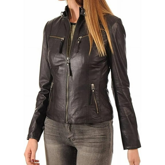 QAWACH Black Color Women Leather Jacket - Lambskin Winter Vintage Motorcycle Biker Jacket, Moto Riding & Racing Jackets XXL Size NB-WJ02C