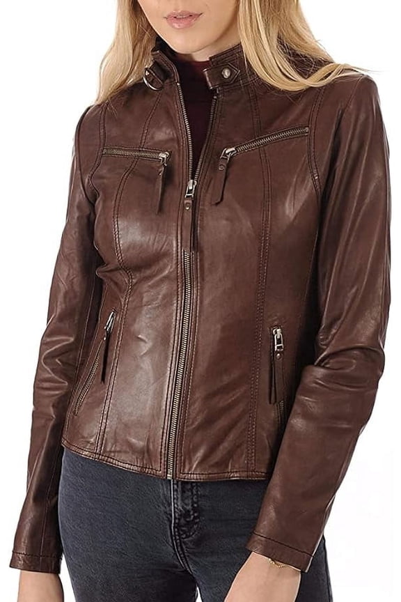 Brown Color Women Leather Jacket - Lambskin Winter Vintage Motorcycle Biker Jacket, Moto Riding & Racing Jackets XS Size NB-WJ02a