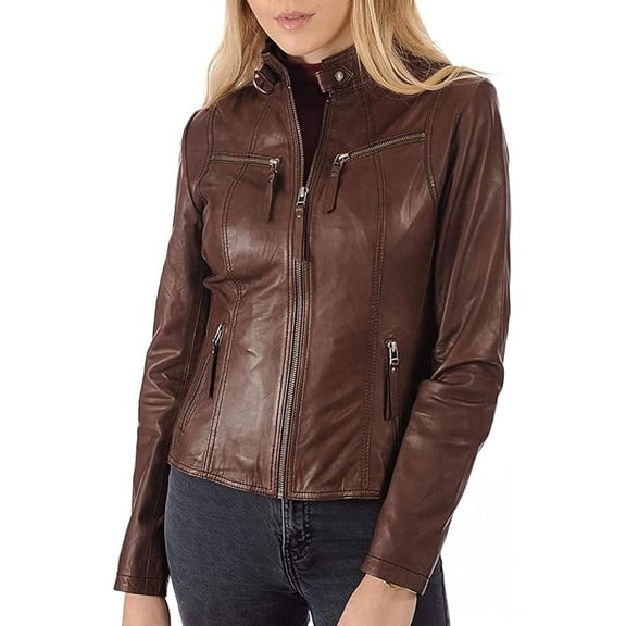 QAWACH Brown Color Women Leather Jacket - Lambskin Winter Vintage Motorcycle Biker Jacket, Moto Riding & Racing Jackets XS Size NB-WJ02a