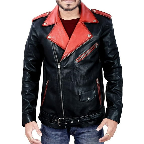 QAWACH Camel Black and Red Color Pure Lambskin Leather Winter Vintage Motorcycle Biker Moto Riding & Racing Jacket For Men XXXL Size NBMJ-02