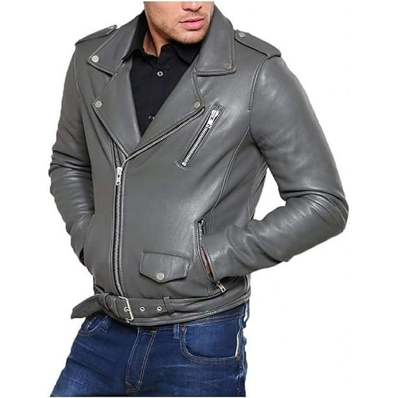 QAWACH Grey Color Pure Lambskin Leather Winter Vintage Motorcycle Biker Moto Riding & Racing Jacket For Men S Size NBMJ-02