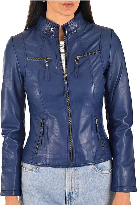 Men Leather Jacket - Lambskin Winter Vintage Navy Blue Color Motorcycle Biker Jacket, Moto Riding & Racing Jackets L Size NBWJ02a