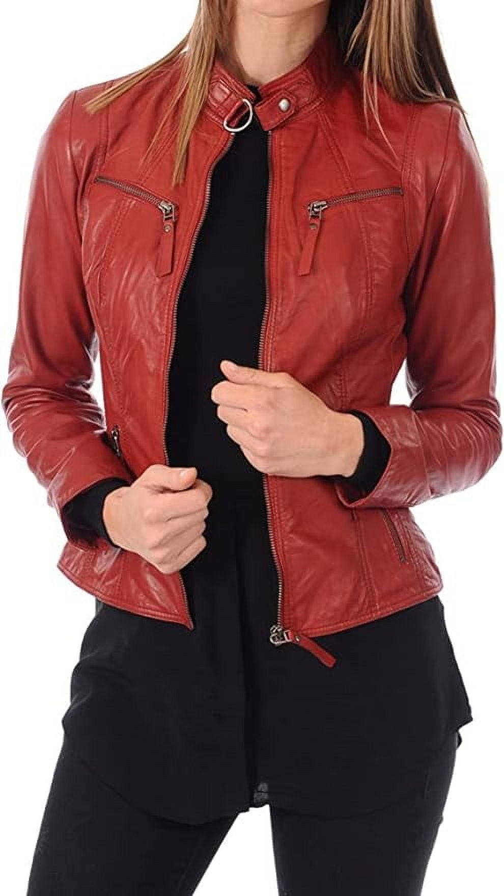 QAWACH Men Leather Jacket - Lambskin Winter Vintage Red Color Motorcycle Biker Jacket, Moto Riding & Racing Jackets XS Size NBWJ02b