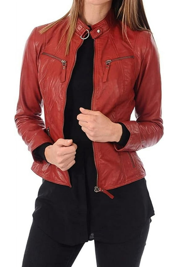 Men Leather Jacket - Lambskin Winter Vintage Red Color Motorcycle Biker Jacket, Moto Riding & Racing Jackets XS Size NBWJ02b