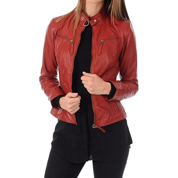 QAWACH Men Leather Jacket - Lambskin Winter Vintage Red Color Motorcycle Biker Jacket, Moto Riding & Racing Jackets XXL Size NBWJ02b