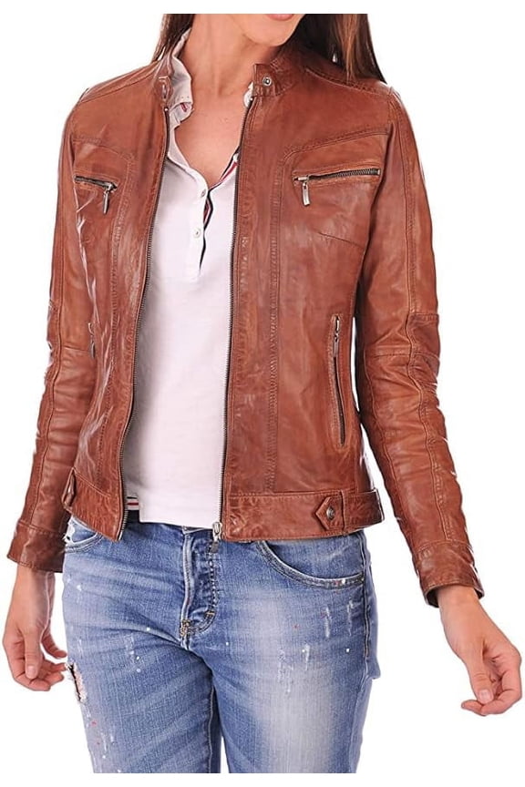 Women Leather Jacket - Lambskin Winter Vintage Brown Color Motorcycle Biker Jacket, Moto Riding & Racing Jackets M Size