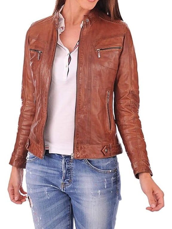 Women Leather Jacket - Lambskin Winter Vintage Brown Color Motorcycle Biker Jacket, Moto Riding & Racing Jackets XS Size