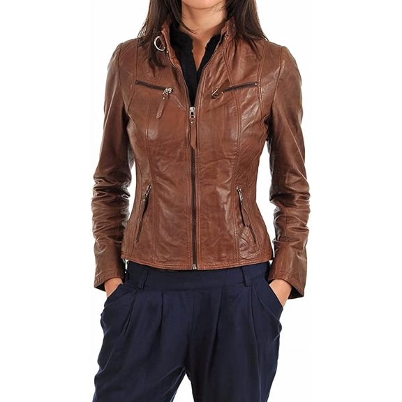 QAWACH Women Leather Jacket - Lambskin Winter Vintage Dark Brown Color Motorcycle Biker Jacket, Moto Riding & Racing Jackets XS Size NB-WJ-03