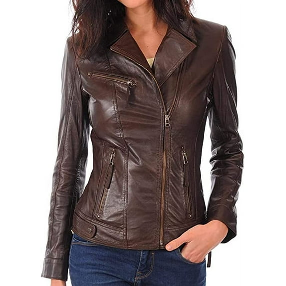 QAWACH Women Leather Jacket - Lambskin Winter Vintage Chocolate Brown Color Motorcycle Biker Jacket, Moto Riding & Racing Jackets XL Size
