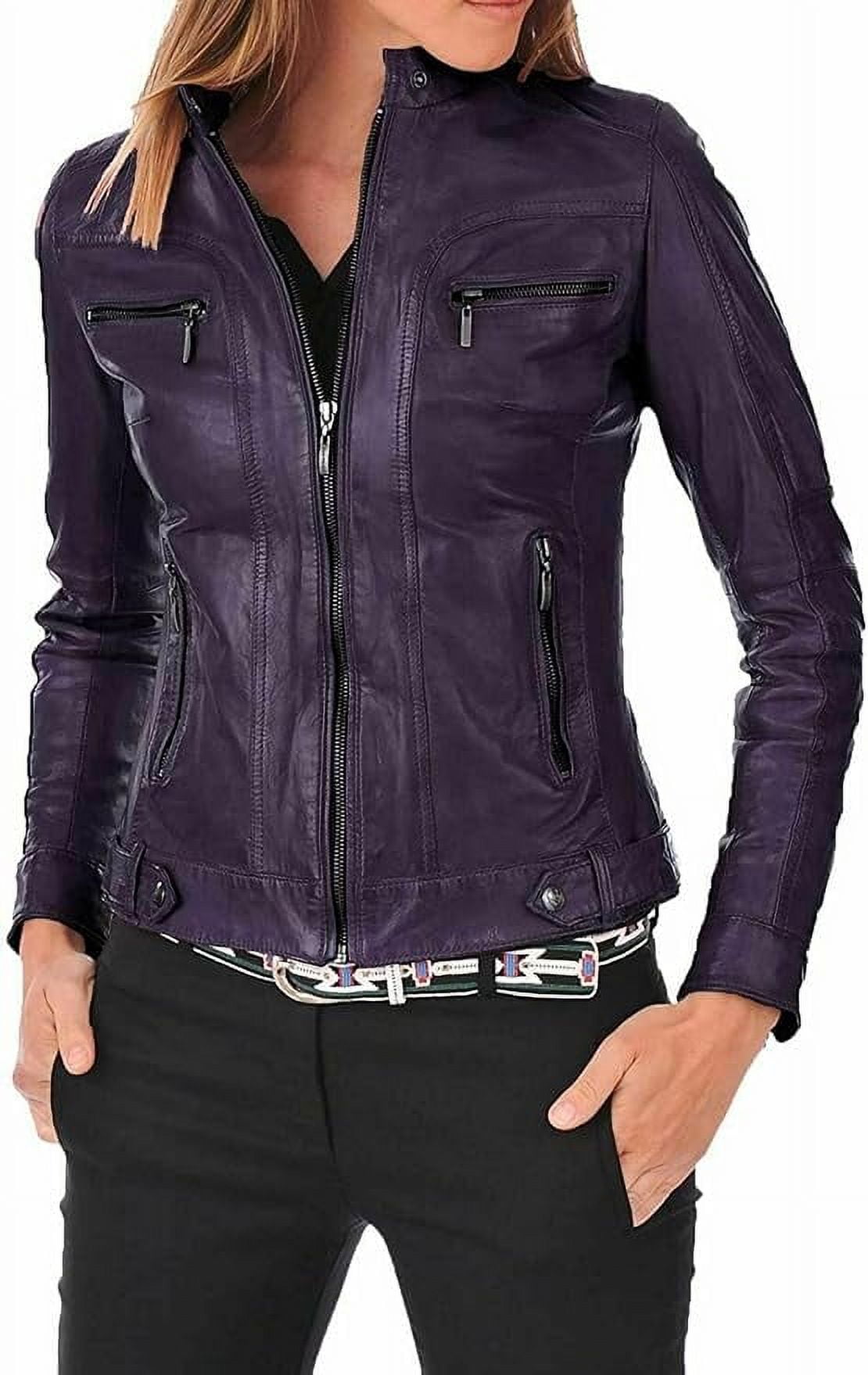 QAWACH Women Leather Jacket - Lambskin Winter Vintage Purple Color Motorcycle Biker Jacket, Moto Riding & Racing Jackets L Size