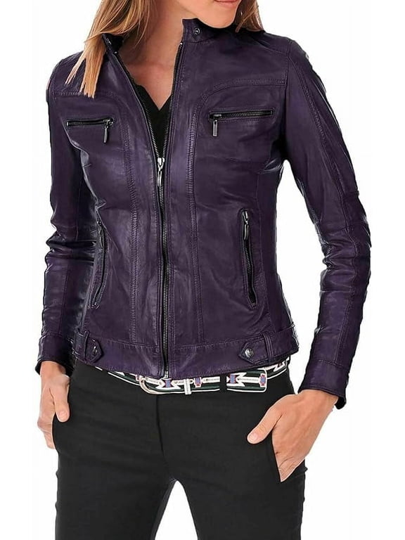 Women Leather Jacket - Lambskin Winter Vintage Purple Color Motorcycle Biker Jacket, Moto Riding & Racing Jackets XS Size