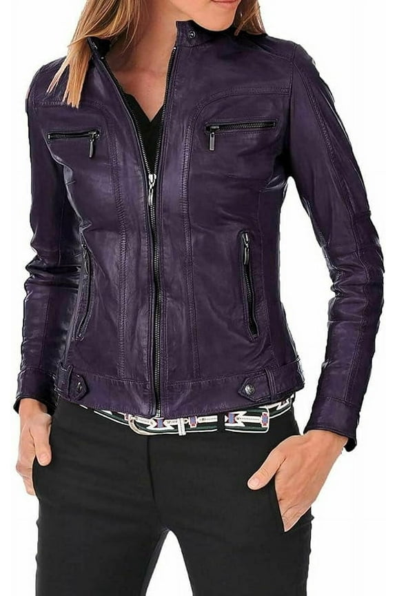 Women Leather Jacket - Lambskin Winter Vintage Purple Color Motorcycle Biker Jacket, Moto Riding & Racing Jackets XXXL Size